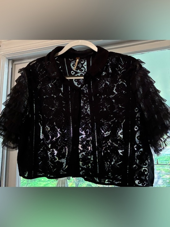 Free People Tops - Free People, Madonna, Black Lace Sheer Ruffle Sleeve Cropped Top
